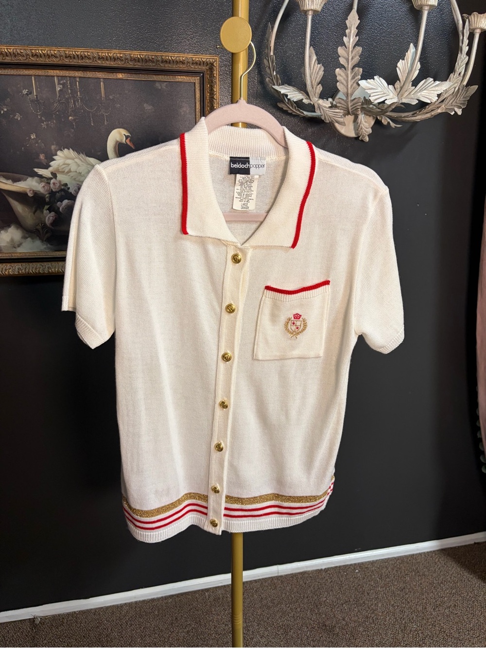 Vintage Beldoch Popper Cream Short-Sleeve Knit Cardigan with Red Trim
